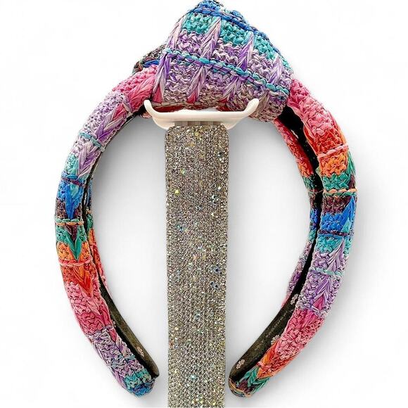 Lele Sadoughi Multicolored Rainbow Raffia Straw Knot Headband Beachy Dopamine